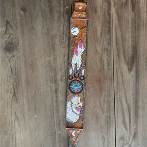 Handcrafted Brown Leather Wall Hanging with Colorful Embroidery